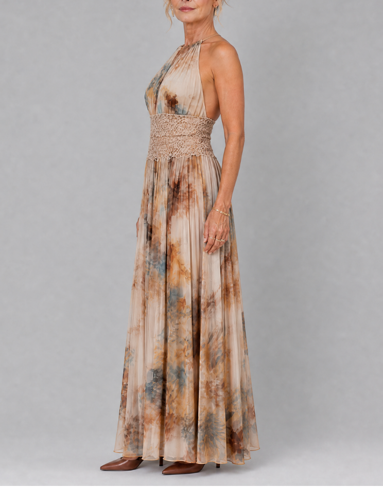 Elavenue | Halter Neck Lace Waist Maxi Dress