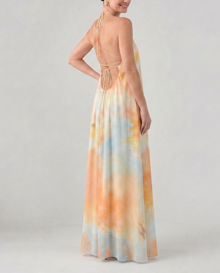 Eloque | Watercolor Halter Neck Flowing Maxi Dress