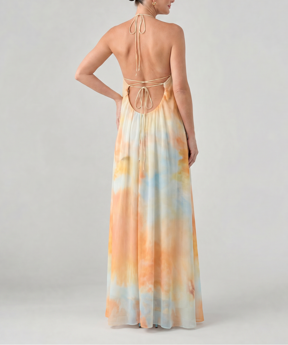 Eloque | Watercolor Halter Neck Flowing Maxi Dress