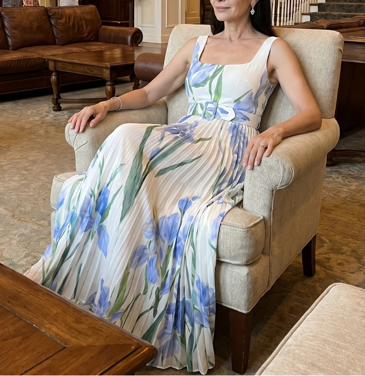 Ophelia | Sleeveless Square Neck Floral Print Midi Dress