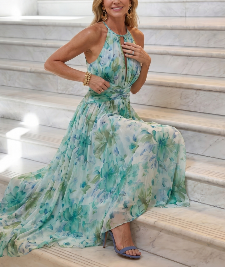 Portia | Pleated Halter Soft Floral Pattern Midi Dress