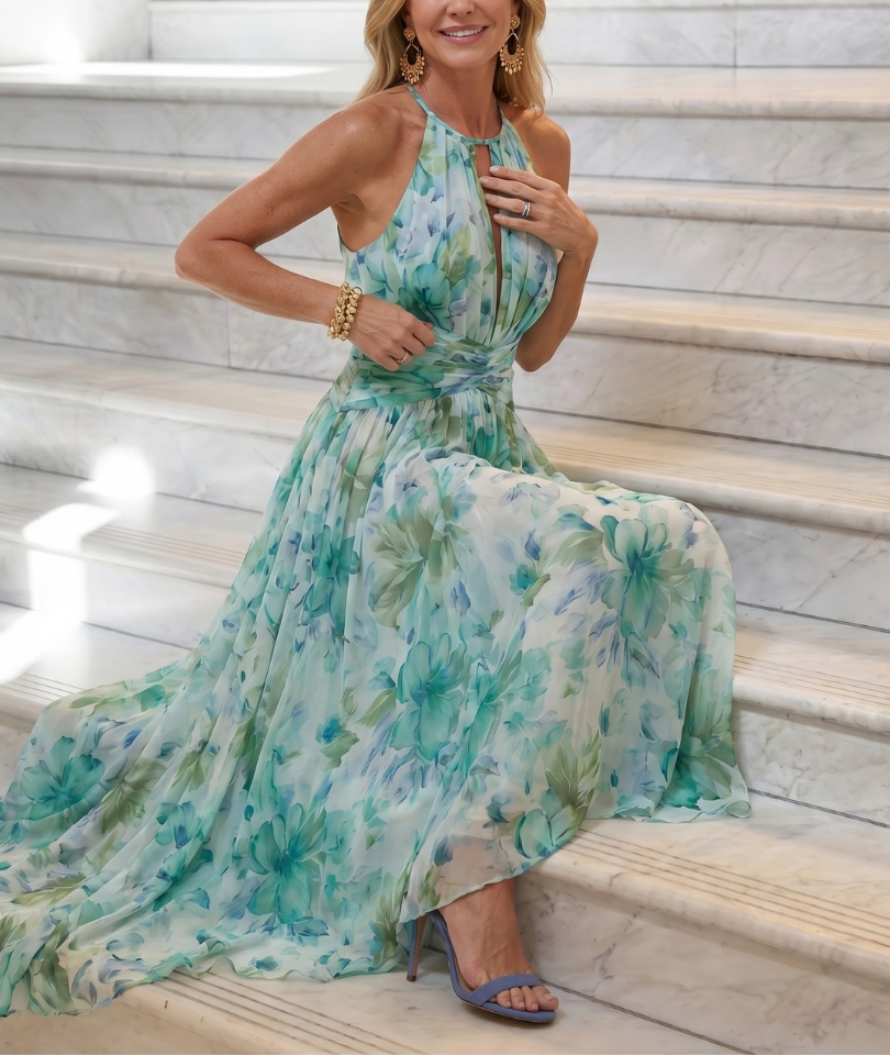 Portia | Pleated Halter Soft Floral Pattern Midi Dress