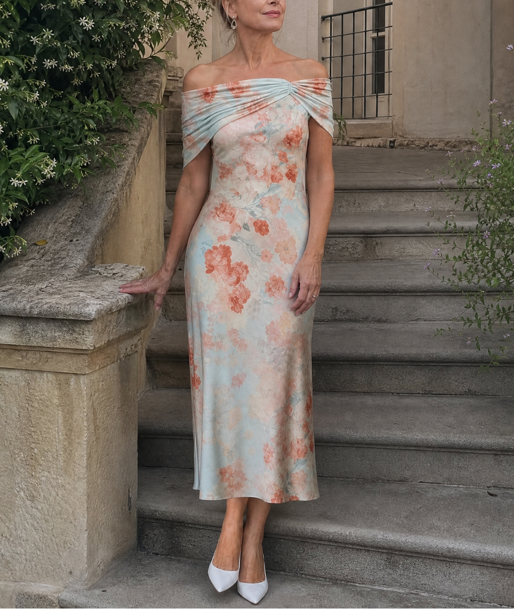 Imore | Soft Floral Off Shoulder Fitted Midi Dress