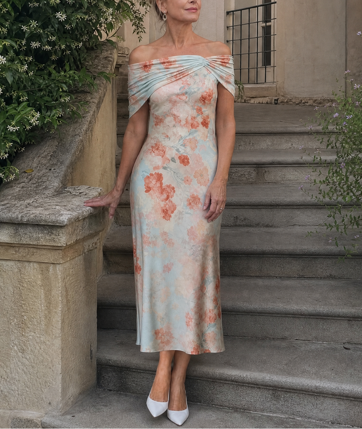 Imore | Soft Floral Off Shoulder Fitted Midi Dress