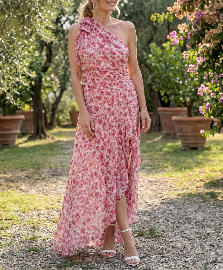 Ikele | Ditsy Floral One Shoulder Ruffle Hem Midi Dress