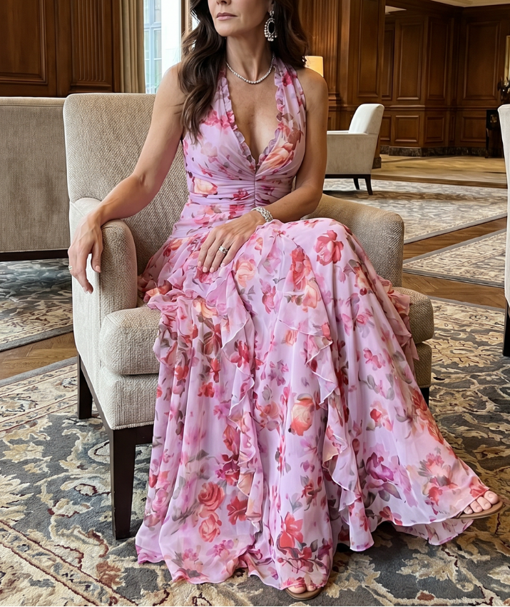 Nori | Halter Neck Ruched Bodice Floral Maxi Dress