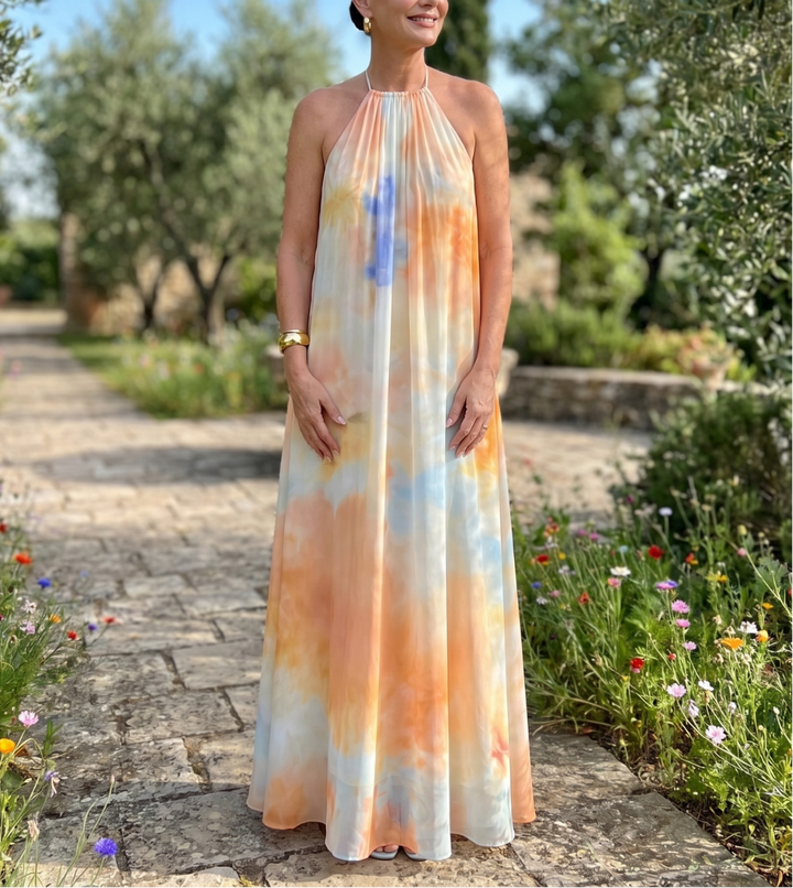 Eloque | Watercolor Halter Neck Flowing Maxi Dress