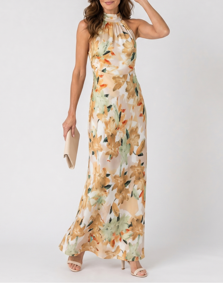 Cekel | Botanical Print Halter Neck Flowing Midi Dress