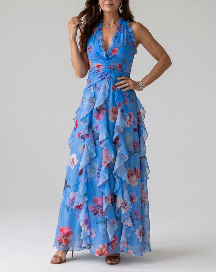 Nori | Halter Neck Ruched Bodice Floral Maxi Dress