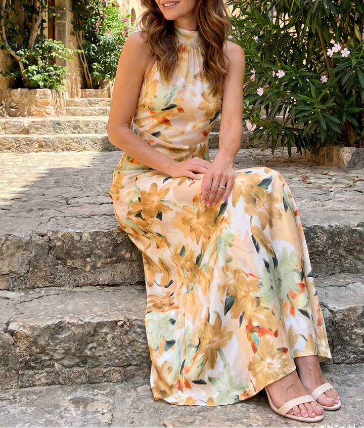 Cekel | Botanical Print Halter Neck Flowing Midi Dress