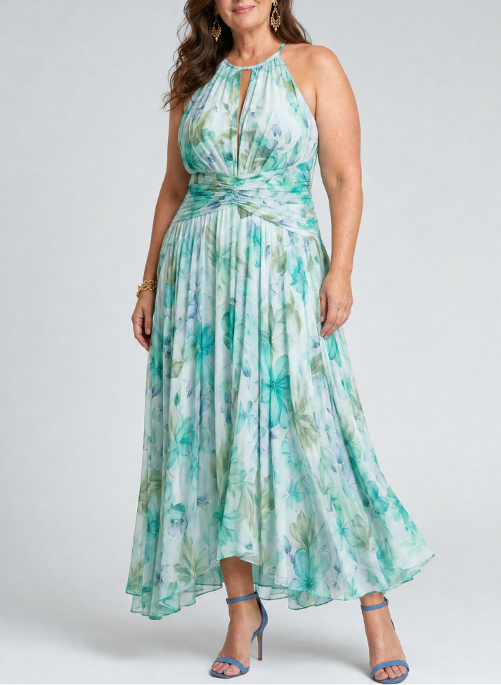 Portia | Pleated Halter Soft Floral Pattern Midi Dress