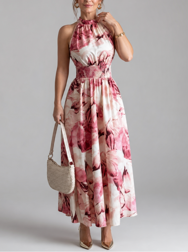 Olivia | Gathered Waist Abstract Print Midi Dress