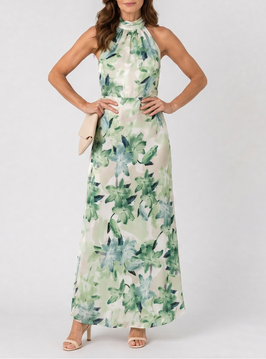 Cekel | Botanical Print Halter Neck Flowing Midi Dress