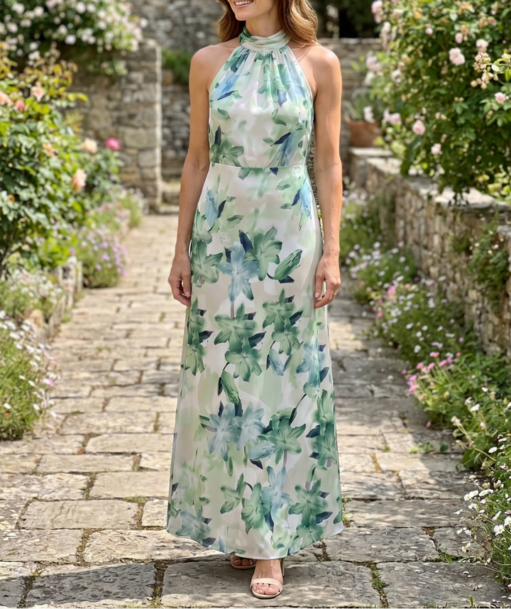 Cekel | Botanical Print Halter Neck Flowing Midi Dress