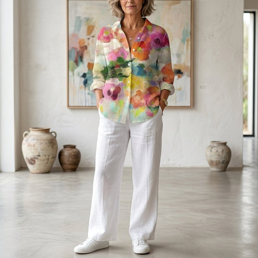 Elara | Watercolour Floral Button Blouse