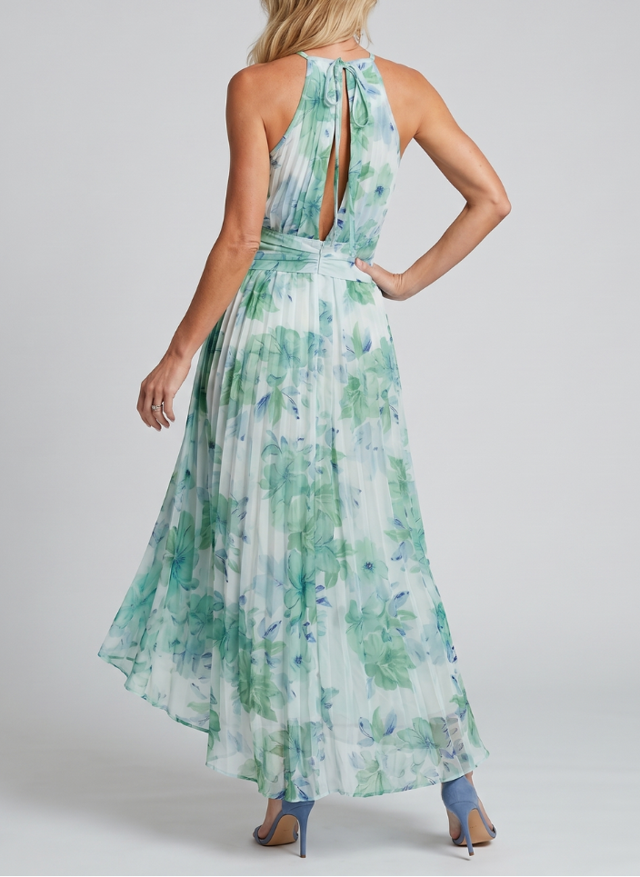 Portia | Pleated Halter Soft Floral Pattern Midi Dress