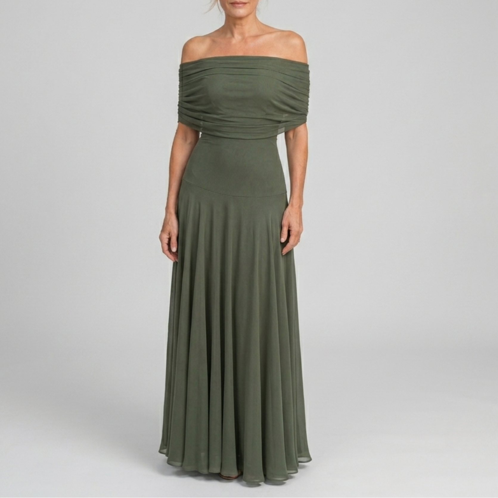Valerinne | Off Shoulder Draped Bodice Flowing Maxi Dress